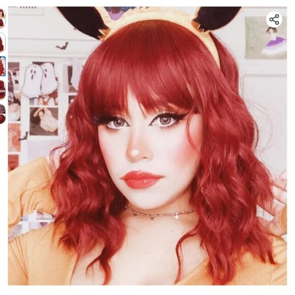 Mixed Red Wine Wavy Bob Synthetic Wig with Bangs 14" - Picture 3 of 9